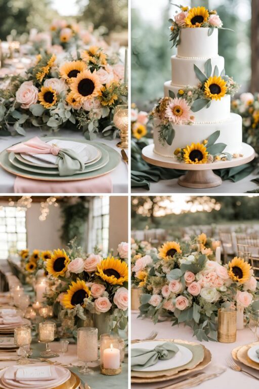 A photo collage of pink, gold, yellow sunflowers, and sage wedding color ideas.