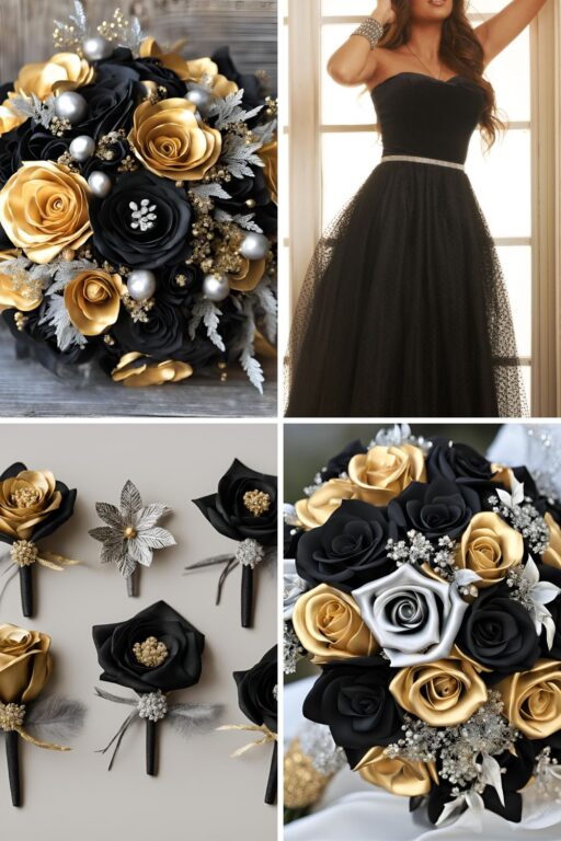 A photo collage of black, gold, and silver wedding color ideas.