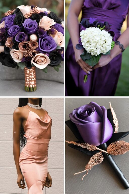 A photo collage of rose gold, purple, and black wedding color ideas.