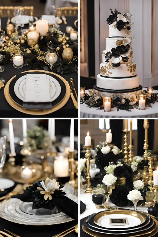 A photo collage of black, gold, and silver wedding color ideas.