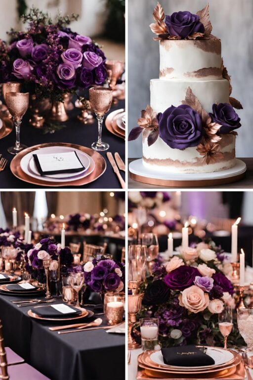 A photo collage of rose gold, purple, and black wedding color ideas.