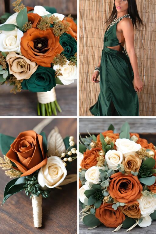 A photo collage of burnt orange, hunter green, cream, and gold wedding color ideas.