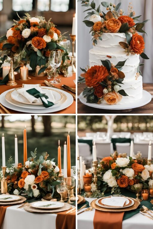 A photo collage of burnt orange, hunter green, cream, and gold wedding color ideas.