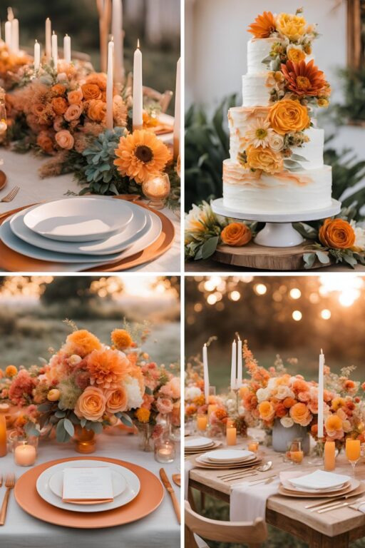 A photo collage or orange sunrise themed wedding color ideas.