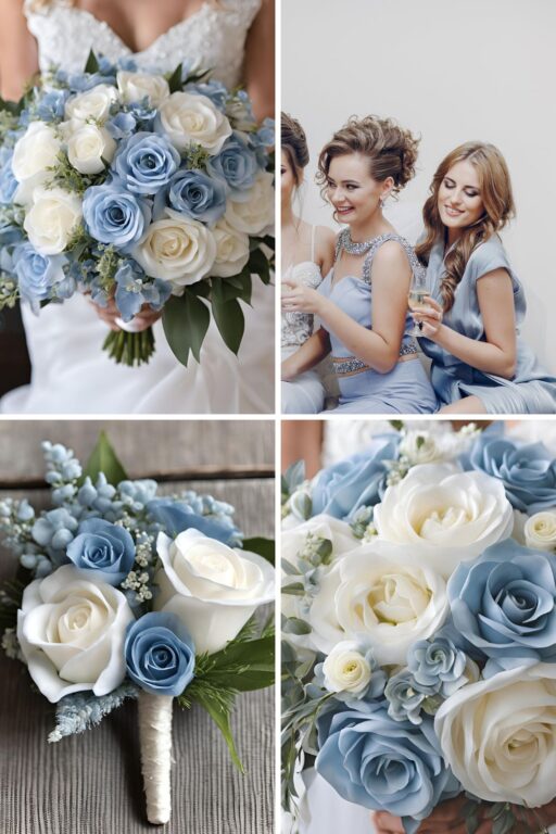 A photo collage of powder blue and white wedding color ideas.