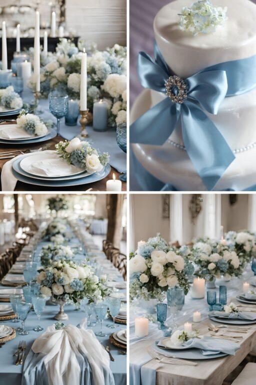 A photo collage of powder blue and white wedding color ideas.