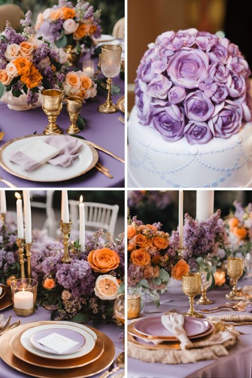 A photo collage of lilac, orange, and gold wedding color ideas.