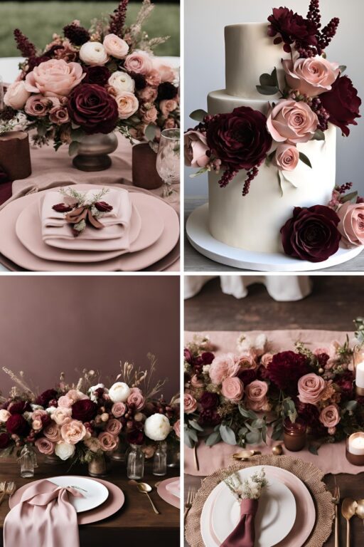 A photo collage of burgundy, dusty pink, and coffee brown wedding color ideas.