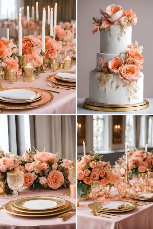 A photo collage of salmon pink and gold wedding color ideas.