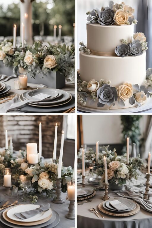 A photo collage of gray and tan wedding color ideas.