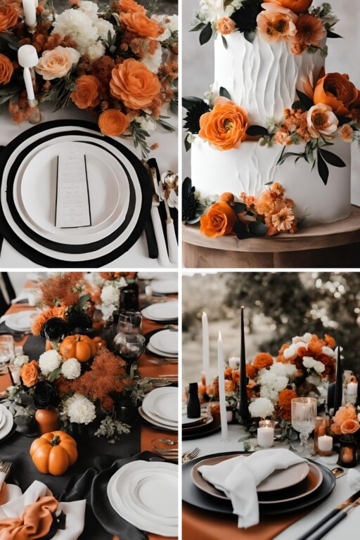 A photo collage of black, rust orange, pastel orange, and white wedding color ideas.