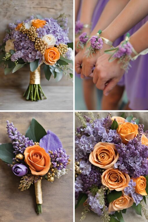 A photo collage of lilac, orange, and gold wedding color ideas.