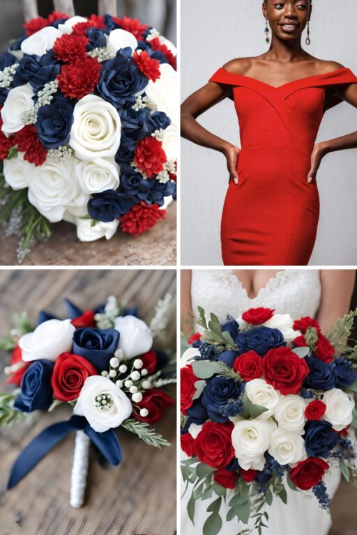 A photo collage of red, navy blue, and white wedding color ideas.