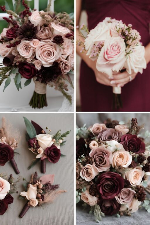 A photo collage of burgundy, dusty pink, and coffee brown wedding color ideas.