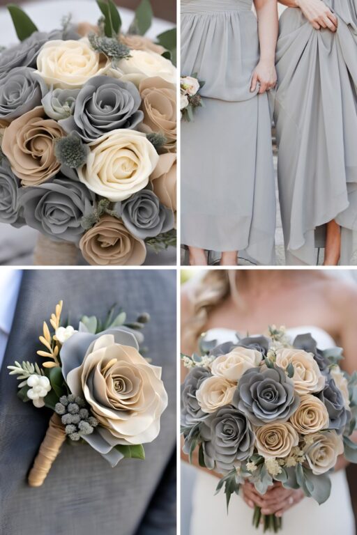 A photo collage of gray and tan wedding color ideas.