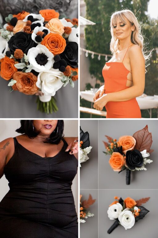 A photo collage of black, rust orange, pastel orange, and white wedding color ideas.