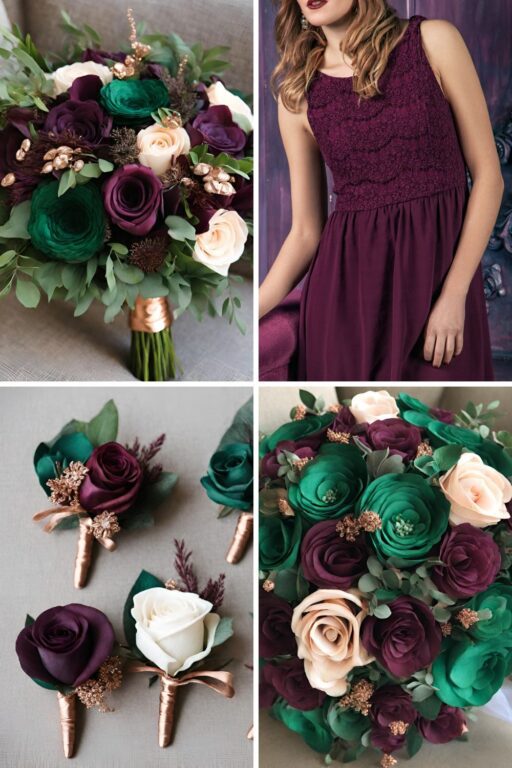 A photo collage of emerald green, plum, and rose gold wedding color ideas.