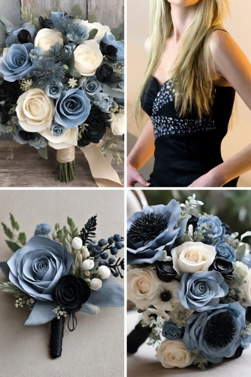 A photo collage of dusty blue and black wedding color ideas.