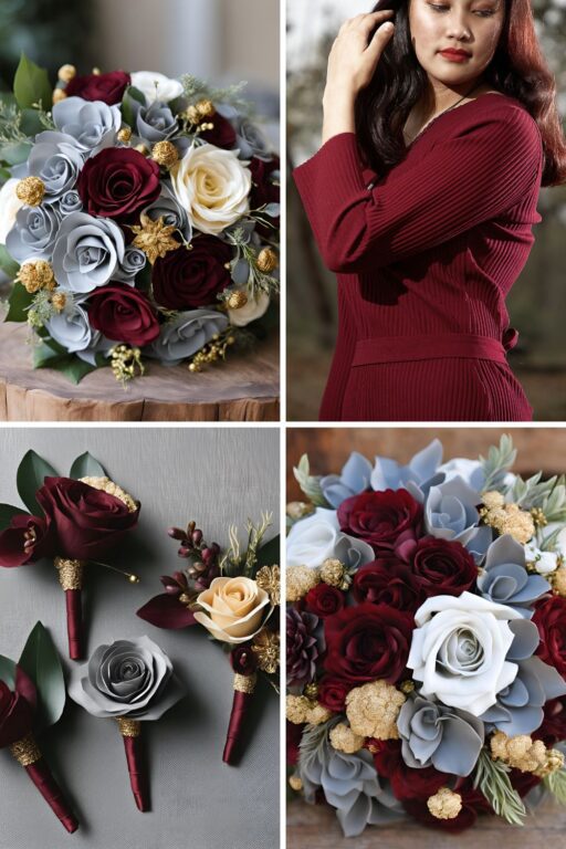 A photo collage of wine red, grey, and gold wedding color ideas.