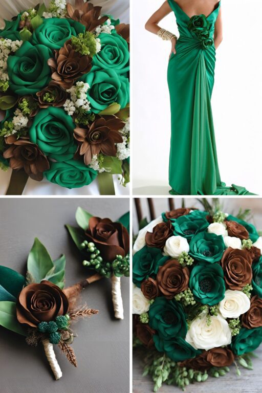 A photo collage of emerald green and brown wedding color ideas.