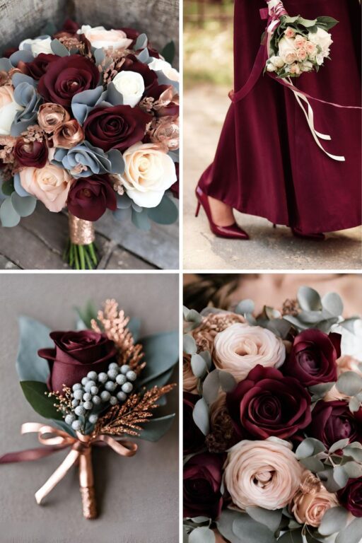 A photo collage of burgundy, rose gold, and gray wedding color ideas.