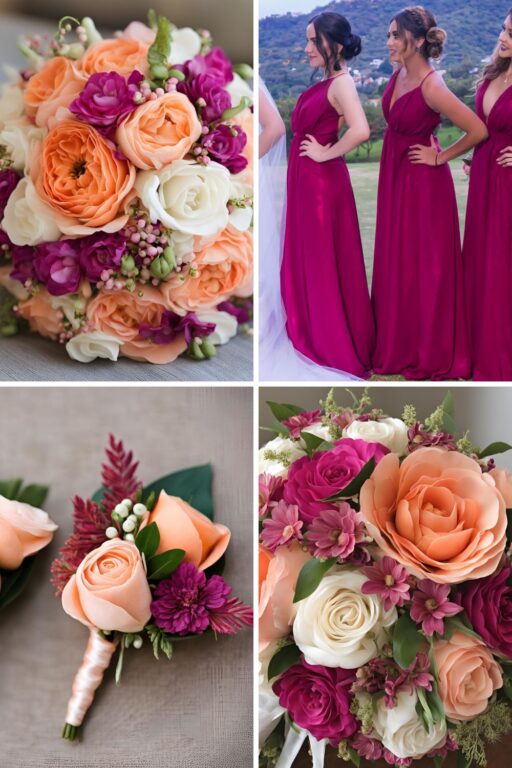 A photo collage of peach and magenta wedding color ideas.