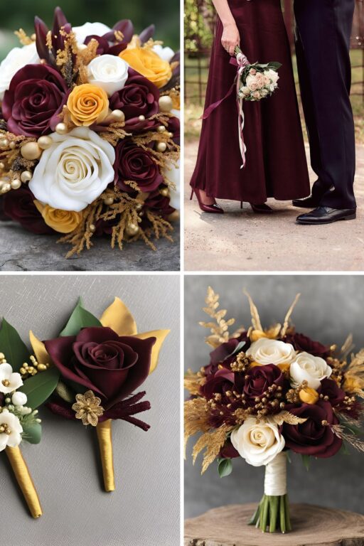 A photo collage of maroon and yellow gold wedding color ideas.