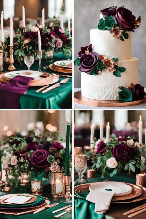 A photo collage of emerald green, plum, and rose gold wedding color ideas.