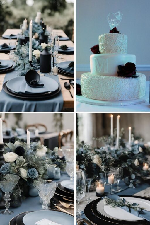 A photo collage of dusty blue and black wedding color ideas.