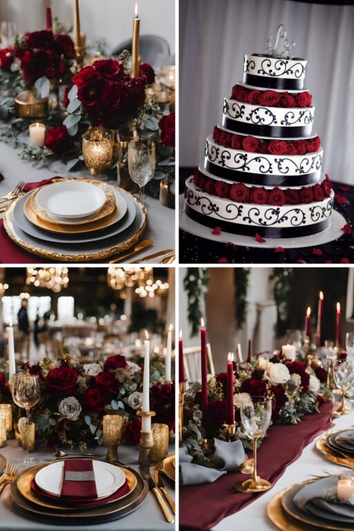 A photo collage of wine red, grey, and gold wedding color ideas.