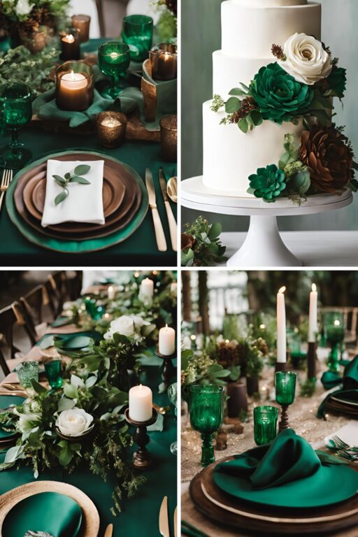 A photo collage of emerald green and brown wedding color ideas.