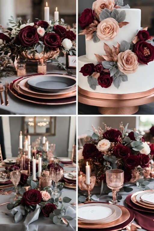 A photo collage of burgundy, rose gold, and gray wedding color ideas.