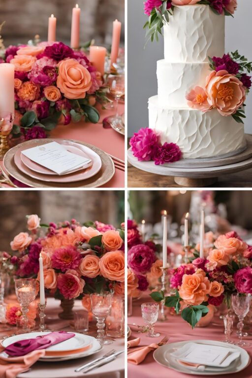 A photo collage of peach and magenta wedding color ideas.