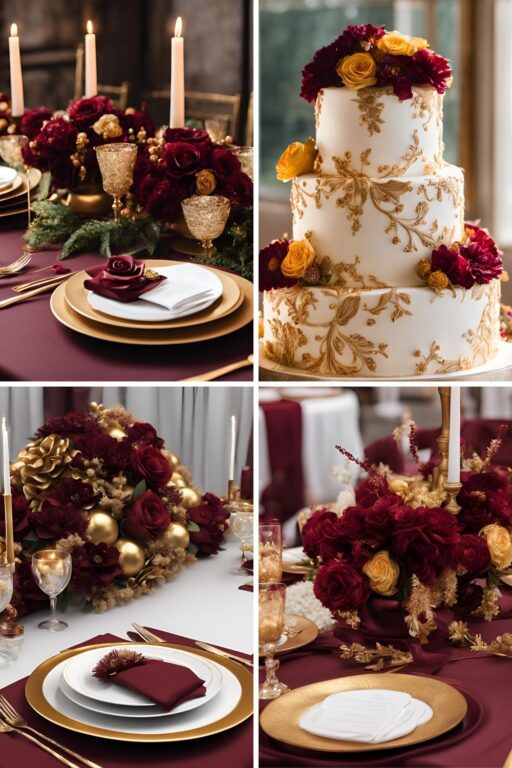 A photo collage of maroon and yellow gold wedding color ideas.