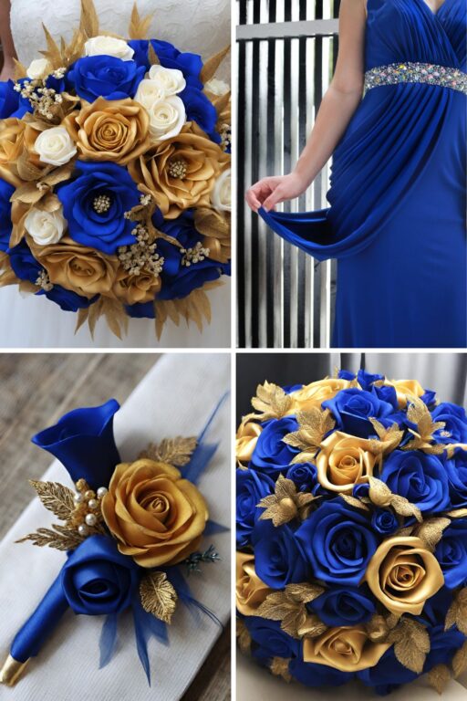 A photo collage of royal blue and gold wedding color ideas.