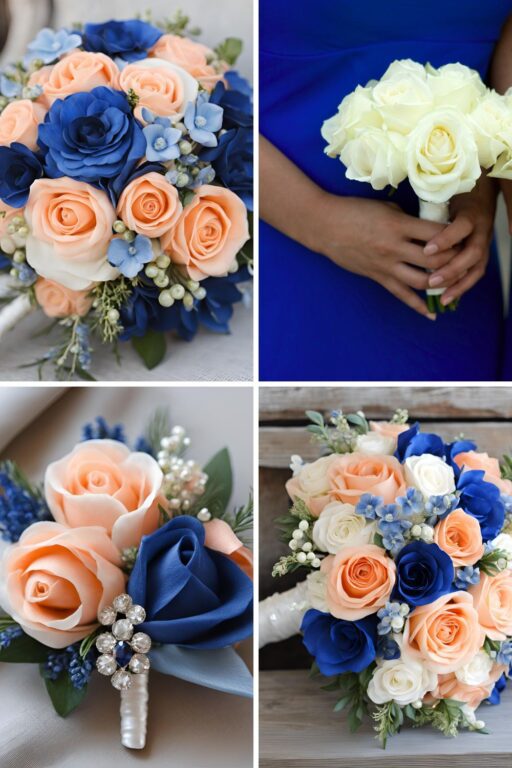 A photo collage of sapphire blue and peach wedding color ideas.