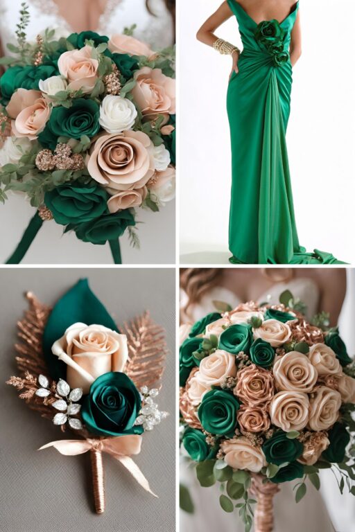 A photo collage of emerald green and rose gold wedding color ideas.