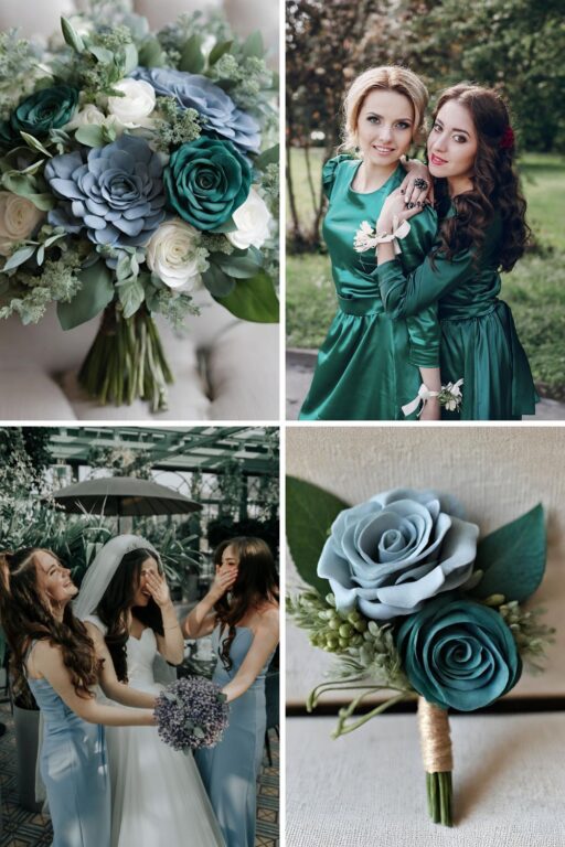 A photo collage of dusty blue and emerald green wedding color ideas.