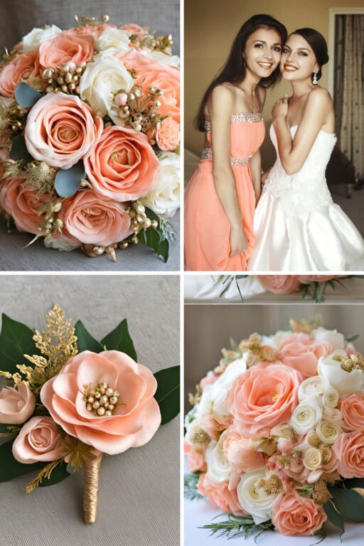 A photo collage of salmon pink and gold wedding color ideas.