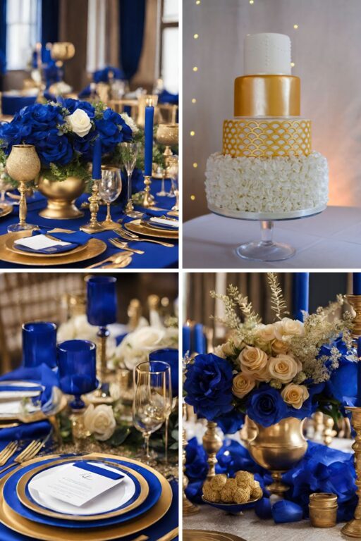 A photo collage of royal blue and gold wedding color ideas.