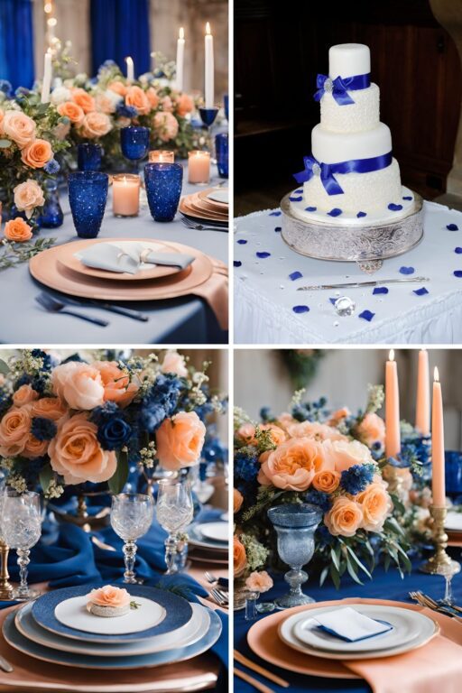 A photo collage of sapphire blue and peach wedding color ideas.