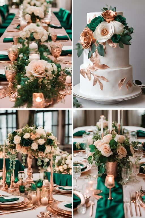 A photo collage of emerald green and rose gold wedding color ideas.