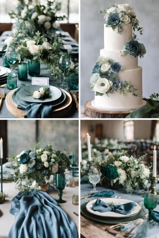 A photo collage of dusty blue and emerald green wedding color ideas.