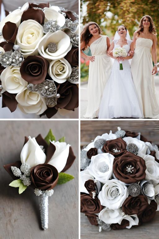 A photo collage of chocolate brown, silver, and white wedding color ideas.