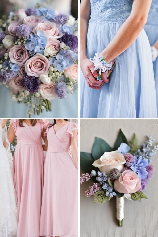 A photo collage of pale blue, pink, and lilac wedding color ideas.