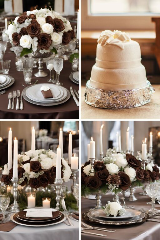 A photo collage of chocolate brown, silver, and white wedding color ideas.