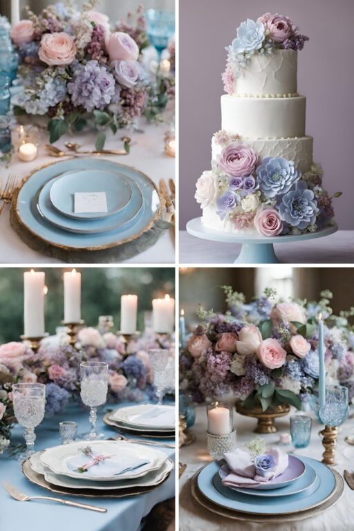 A photo collage of pale blue, pink, and lilac wedding color ideas.