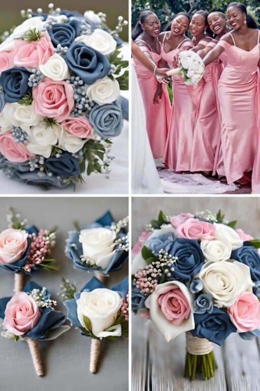 A photo collage of denim blue, pink, and white wedding color ideas.