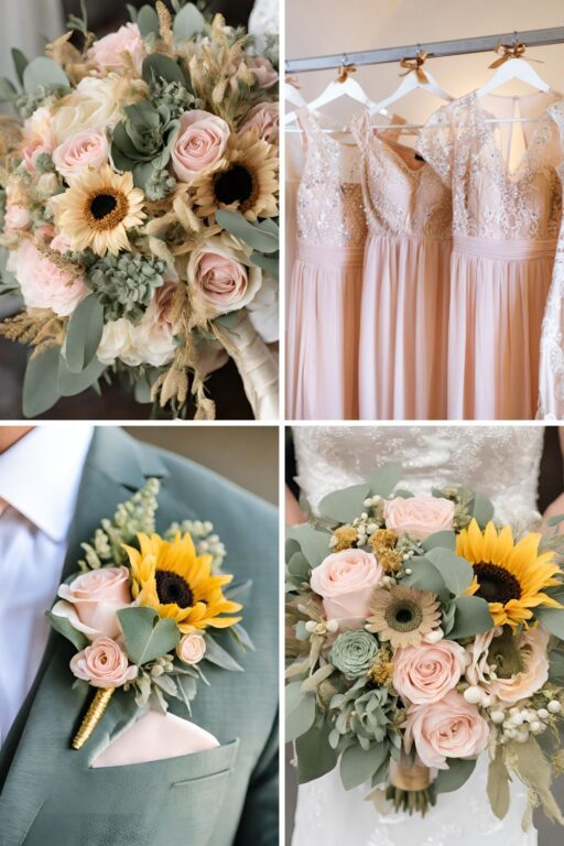 A photo collage of pink, gold, yellow sunflowers, and sage wedding color ideas.