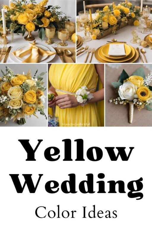 A photo collage of golden yellow wedding color ideas.